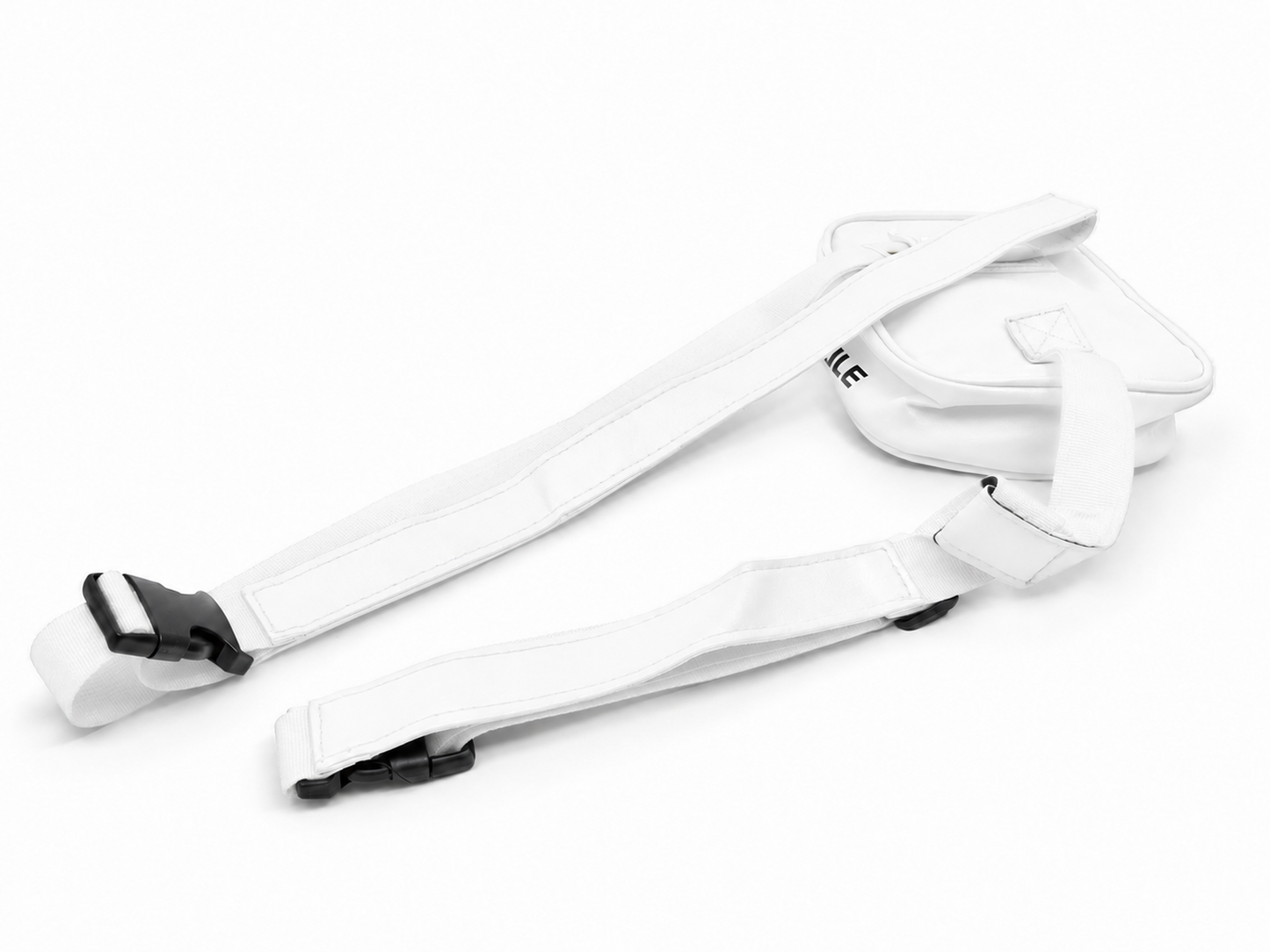 A white padded shoulder strap with adjustable black plastic buckles, shown on a clean white background.