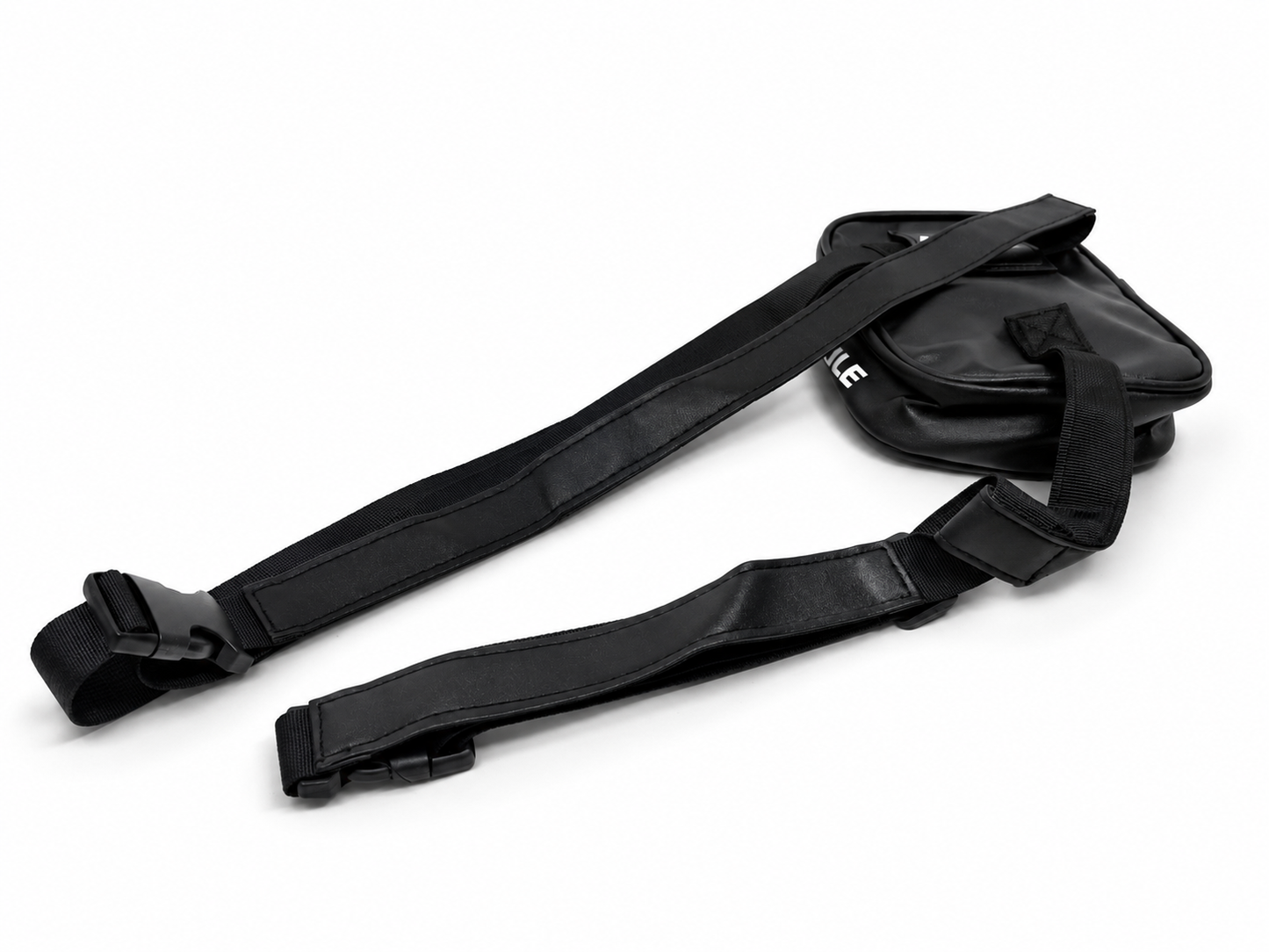 A black motorcycle saddle bag with an adjustable, detachable webbing strap and quick-release buckle, shown on a plain white background.