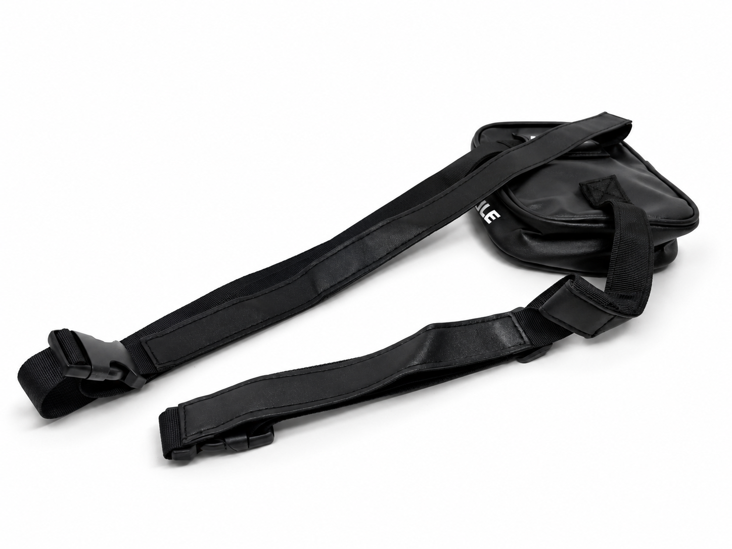 A black motorcycle saddle bag with an adjustable, detachable webbing strap and quick-release buckle, shown on a plain white background.